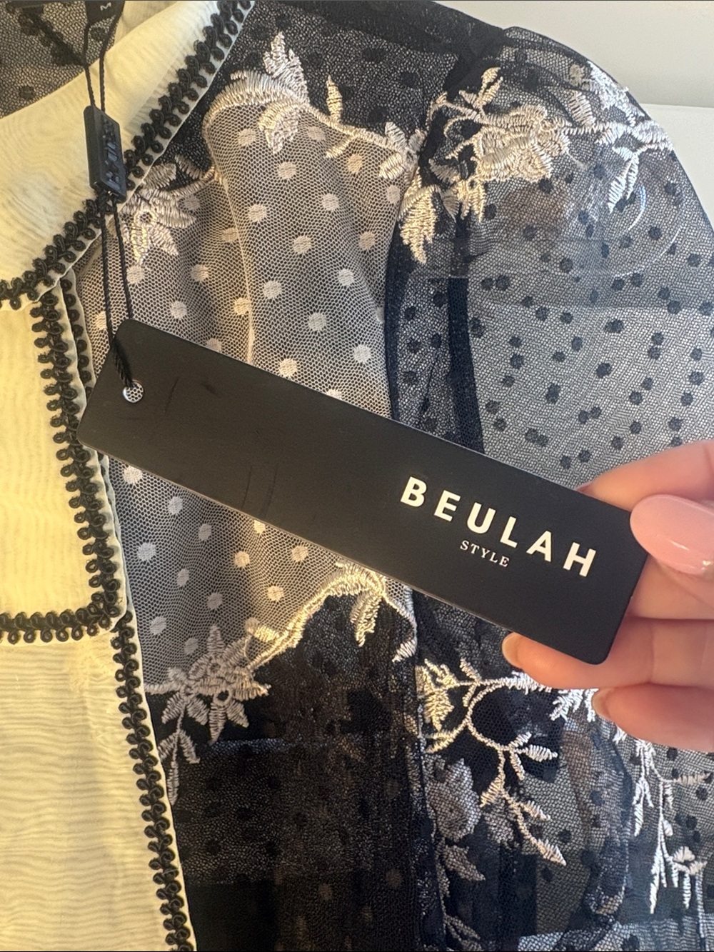 Beulah London Calling NWT Black Cream sheer Embroidered Lace Bow Blouse size M - Picture 5 of 12